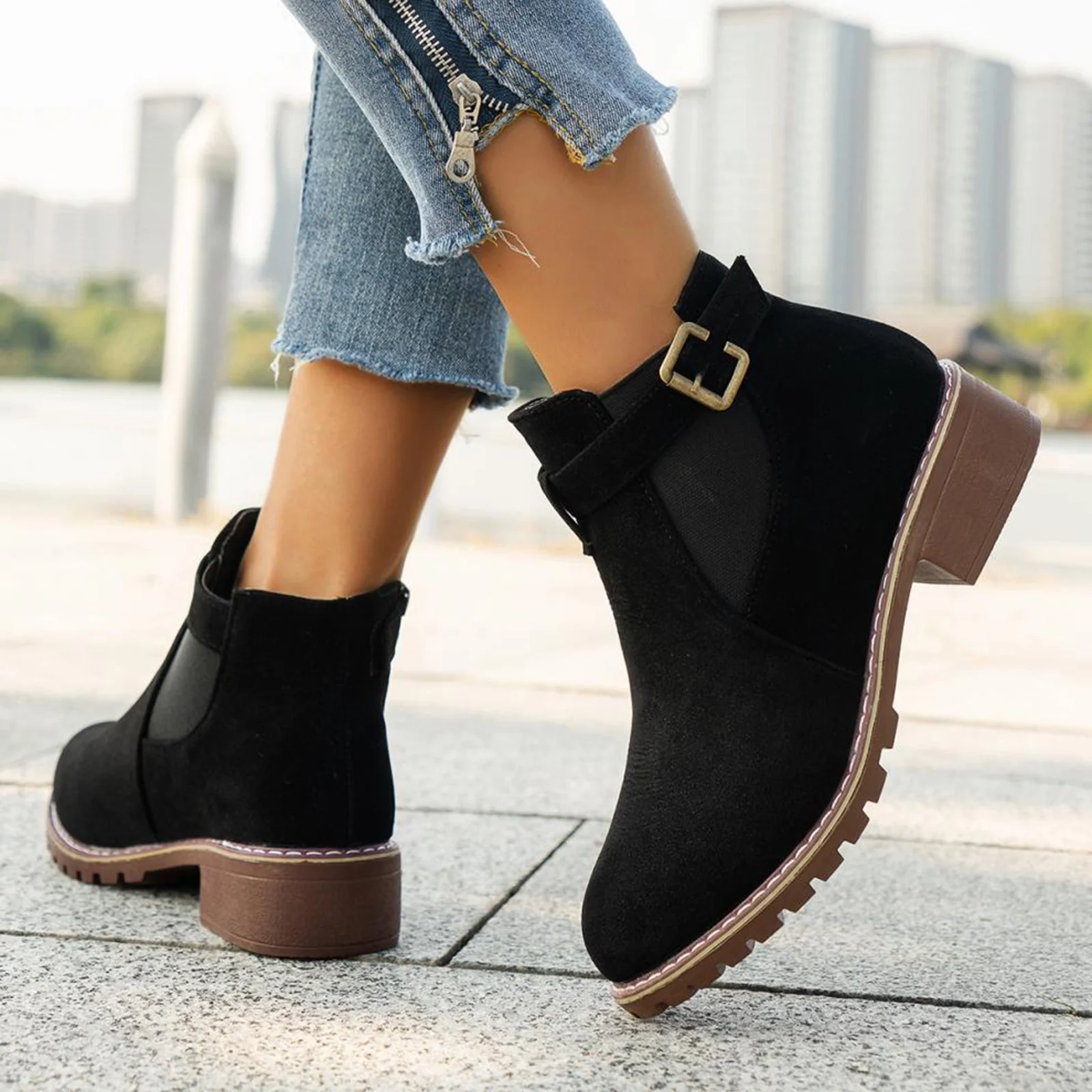 Women's Chunky Heel Ankle Boots - Fashion Casual Square Heel with Metal Belt Buckle, Comfortable Low Heel Slip-On Booties for Fall Winter