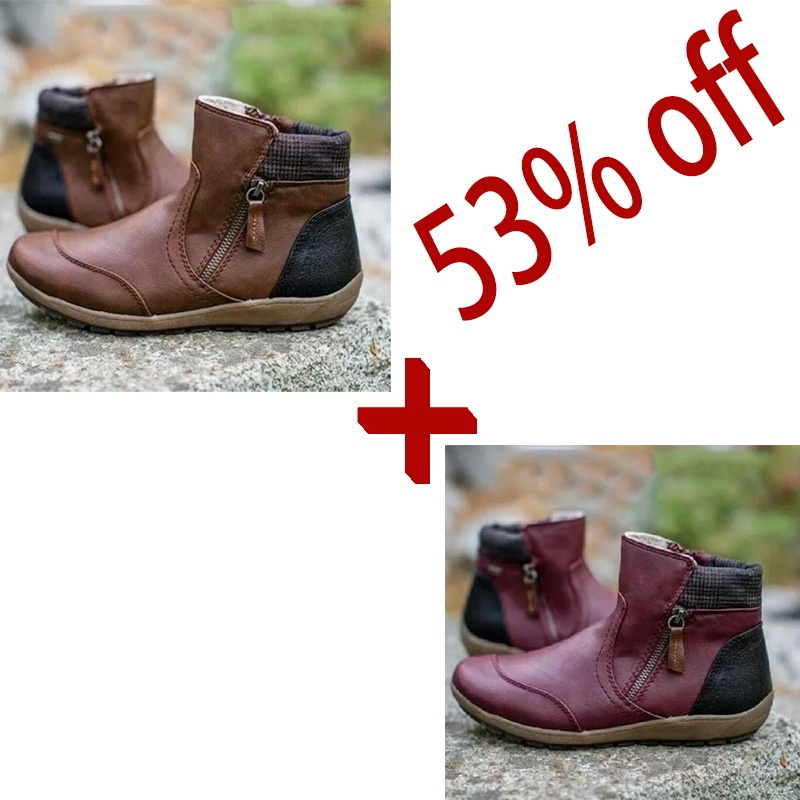 Women Vintage Round Toe Waterproof Zipper Ankle Boots