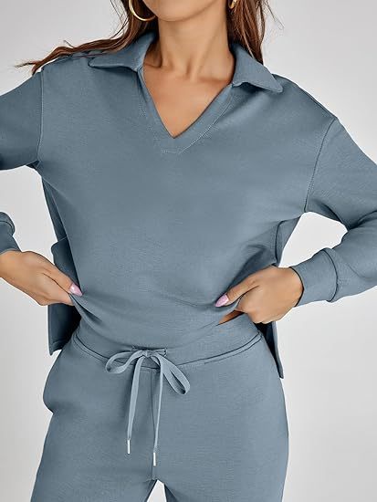 Women's Casual Long Sleeve Sweatsuits Polo Top and Wide Leg Pants Matching Sets