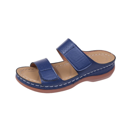 Women's Velcro solid color leather hollow breathable orthopedic wedge sandals