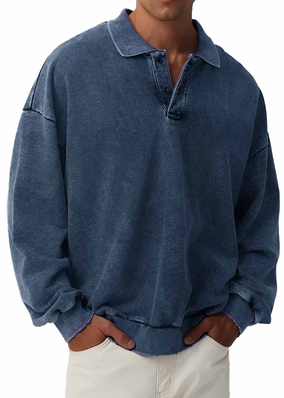 Men's Retro Fashion Distressed Lapel Long Sleeve Polo Sweatshirt