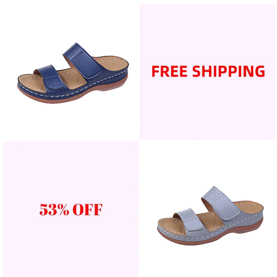 Women's Velcro solid color leather hollow breathable orthopedic wedge sandals
