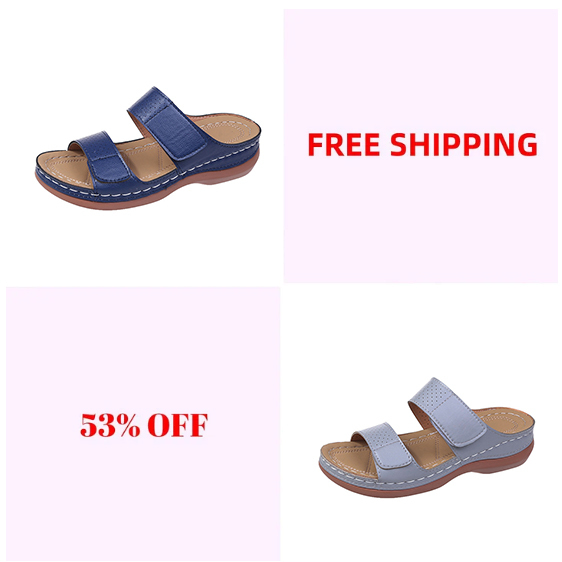 Women's Velcro solid color leather hollow breathable orthopedic wedge sandals