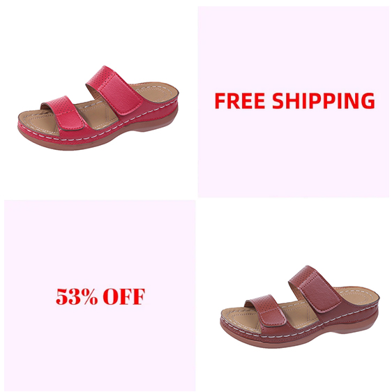 Women's Velcro solid color leather hollow breathable orthopedic wedge sandals