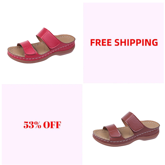 Women's Velcro solid color leather hollow breathable orthopedic wedge sandals