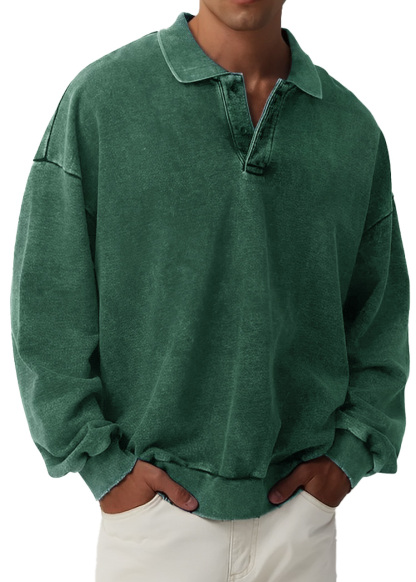 Men's Retro Fashion Distressed Lapel Long Sleeve Polo Sweatshirt