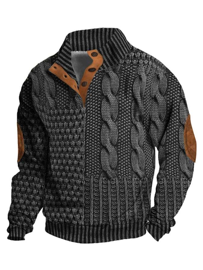 Men's Casual Retro Print Stand Collar Button Sweatshirt