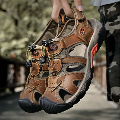 Sinarey  Men's Sandals Arch Support Casual Genuine Leather Summer Outdoor Beach Fisherman Sandals