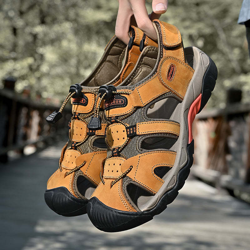 Sinarey  Men's Sandals Arch Support Casual Genuine Leather Summer Outdoor Beach Fisherman Sandals