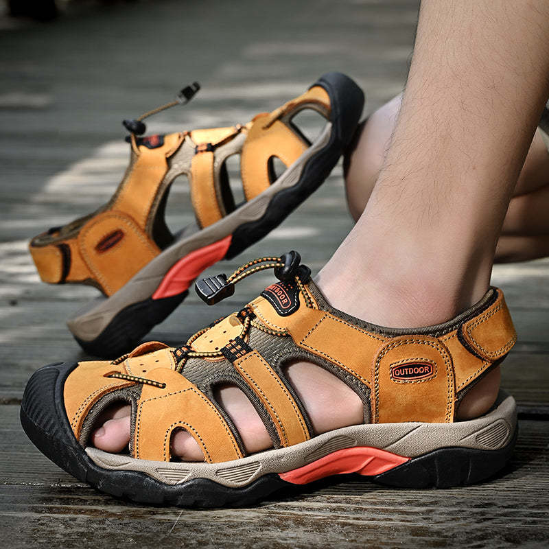 Sinarey  Men's Sandals Arch Support Casual Genuine Leather Summer Outdoor Beach Fisherman Sandals