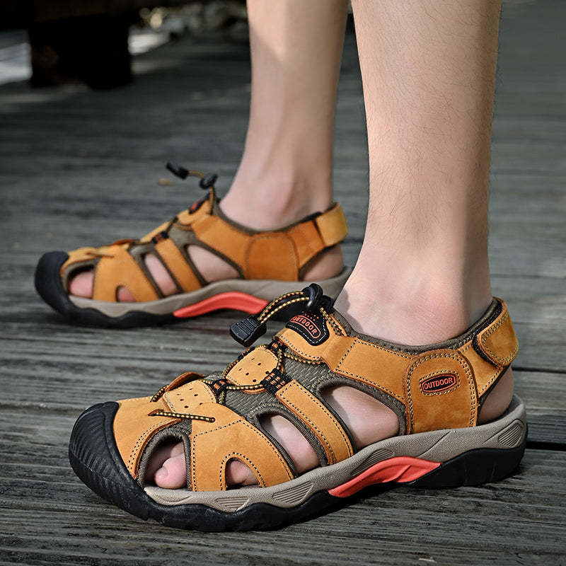 Sinarey  Men's Sandals Arch Support Casual Genuine Leather Summer Outdoor Beach Fisherman Sandals