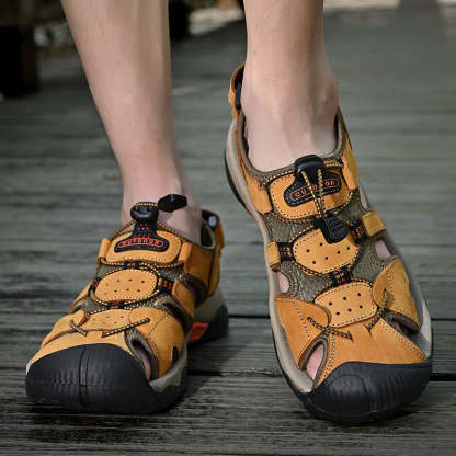 Sinarey  Men's Sandals Arch Support Casual Genuine Leather Summer Outdoor Beach Fisherman Sandals