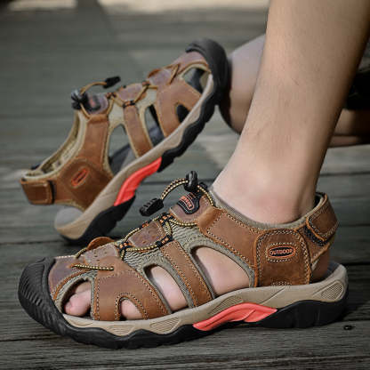 Sinarey  Men's Sandals Arch Support Casual Genuine Leather Summer Outdoor Beach Fisherman Sandals