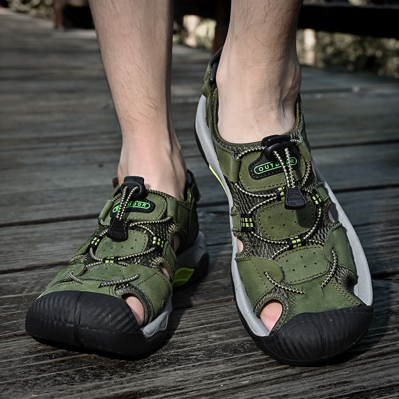 Sinarey  Men's Sandals Arch Support Casual Genuine Leather Summer Outdoor Beach Fisherman Sandals