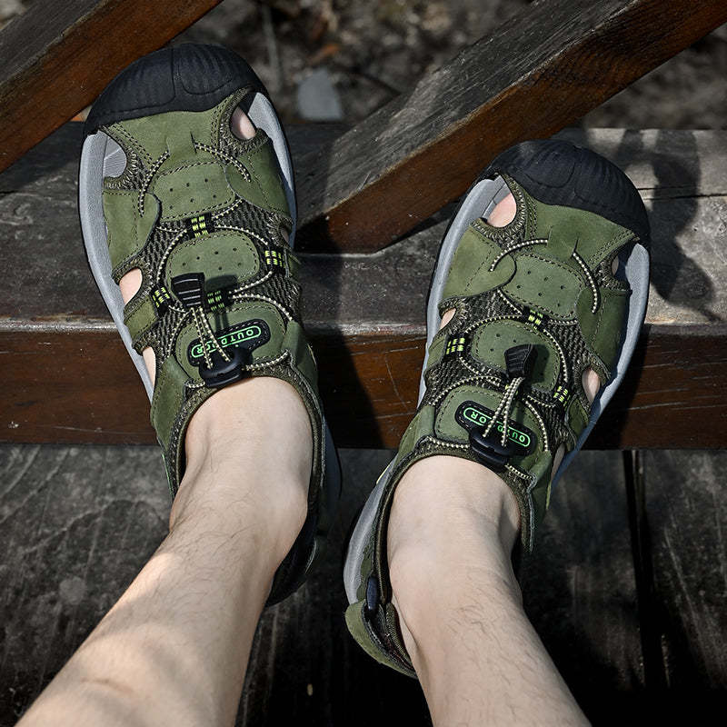 Sinarey  Men's Sandals Arch Support Casual Genuine Leather Summer Outdoor Beach Fisherman Sandals
