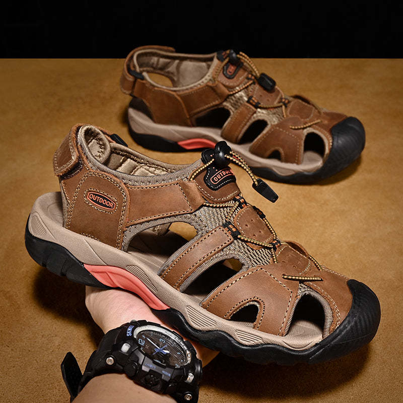Sinarey  Men's Sandals Arch Support Casual Genuine Leather Summer Outdoor Beach Fisherman Sandals