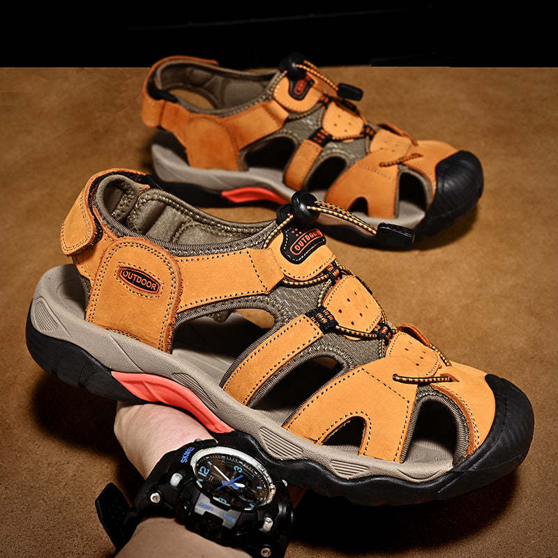 Sinarey  Men's Sandals Arch Support Casual Genuine Leather Summer Outdoor Beach Fisherman Sandals