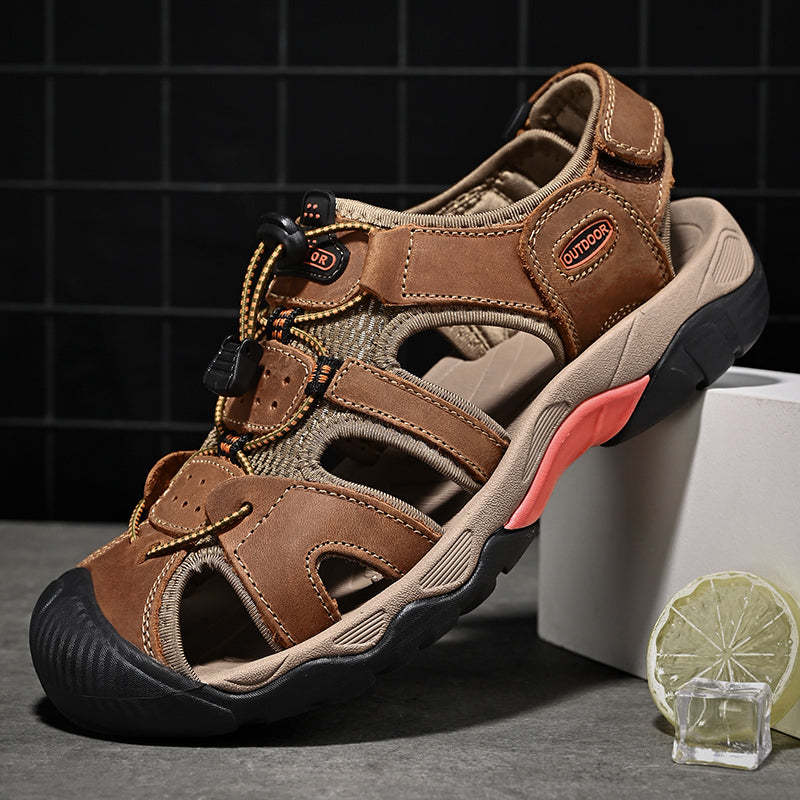 Sinarey  Men's Sandals Arch Support Casual Genuine Leather Summer Outdoor Beach Fisherman Sandals