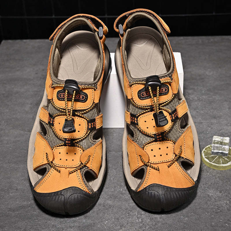 Sinarey  Men's Sandals Arch Support Casual Genuine Leather Summer Outdoor Beach Fisherman Sandals