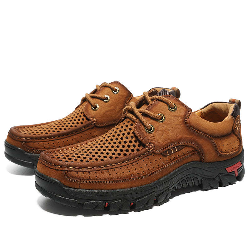 Sinarey®-With Laces For Summer-Men's Breathable Mesh Hiking leather Shoes With Supportive Soles