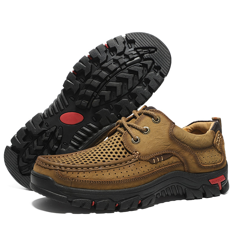 Sinarey®-With Laces For Summer-Men's Breathable Mesh Hiking leather Shoes With Supportive Soles