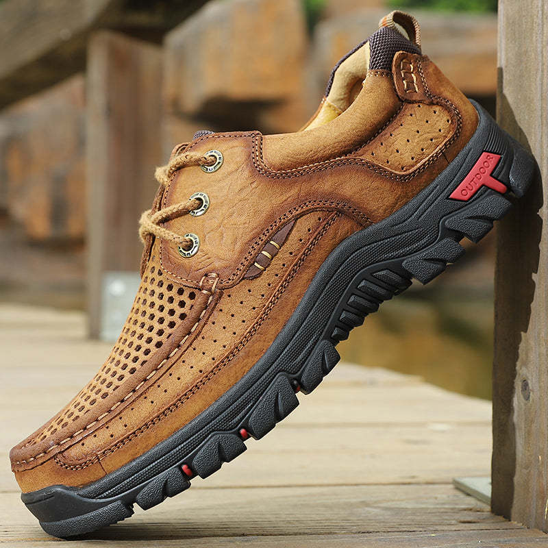 Sinarey®-With Laces For Summer-Men's Breathable Mesh Hiking leather Shoes With Supportive Soles