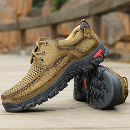 Sinarey®-With Laces For Summer-Men's Breathable Mesh Hiking leather Shoes With Supportive Soles