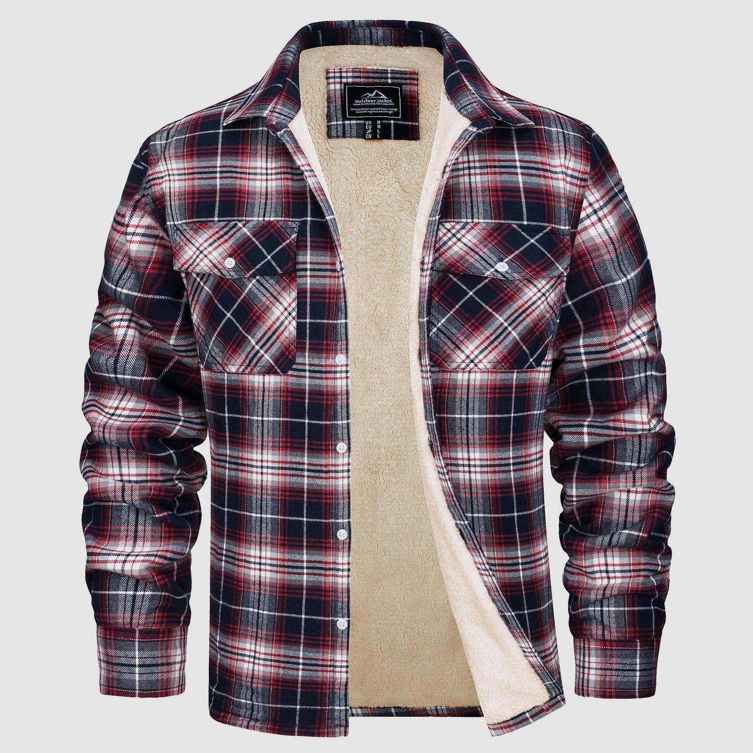 Men's Sherpa Shirt Fleece Lined Flannel Shirt Jacket with 3 Pockets Casual Plaid Button Down Winter Coat
