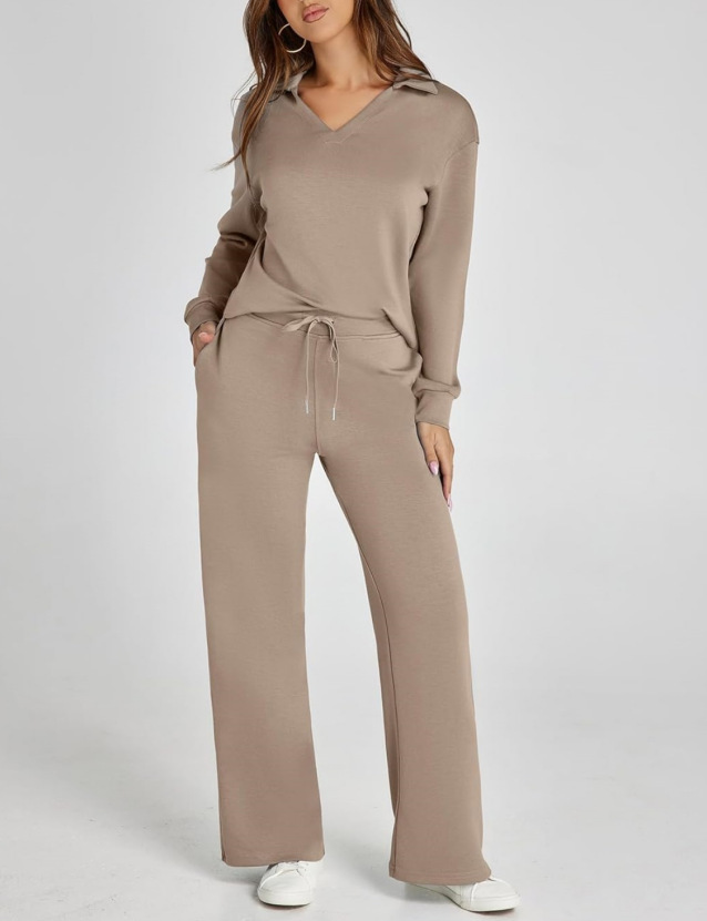 Women's Casual Long Sleeve Sweatsuits Polo Top and Wide Leg Pants Matching Sets