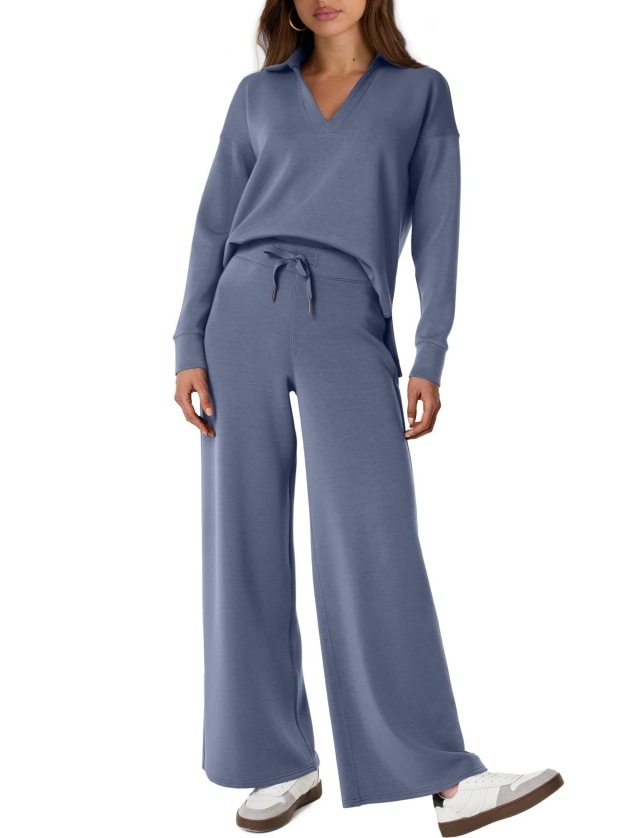 Women's Casual Long Sleeve Sweatsuits Polo Top and Wide Leg Pants Matching Sets