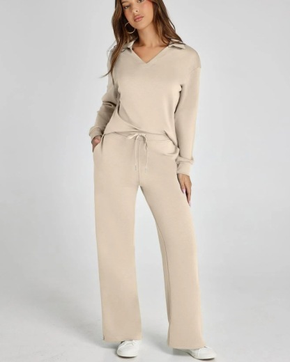 Women's Casual Long Sleeve Sweatsuits Polo Top and Wide Leg Pants Matching Sets