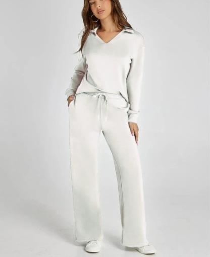 Women's Casual Long Sleeve Sweatsuits Polo Top and Wide Leg Pants Matching Sets