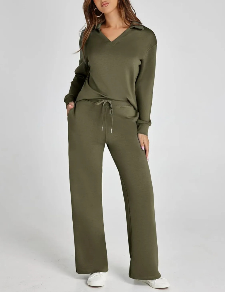 Women's Casual Long Sleeve Sweatsuits Polo Top and Wide Leg Pants Matching Sets