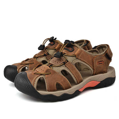 Sinarey  Men's Sandals Arch Support Casual Genuine Leather Summer Outdoor Beach Fisherman Sandals