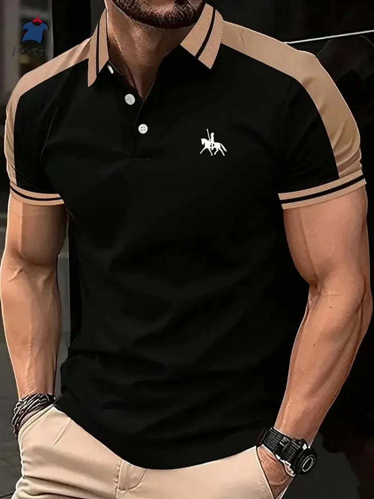 2025 Summer New Men's Casual Short-Sleeved Polo Shirt Patchwork Fashio