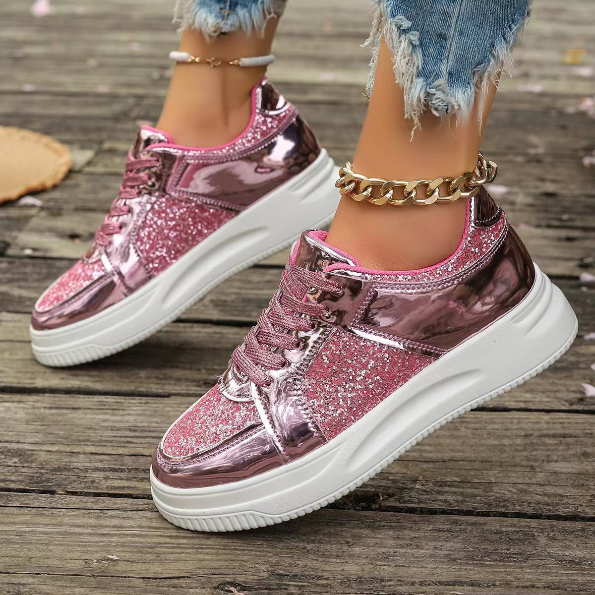 LAST DAY 70% OFF-Women's Glitter Non Slip Casual Comfort Fashion Lace-Up Thick Bottom Orthopedics Sneakers