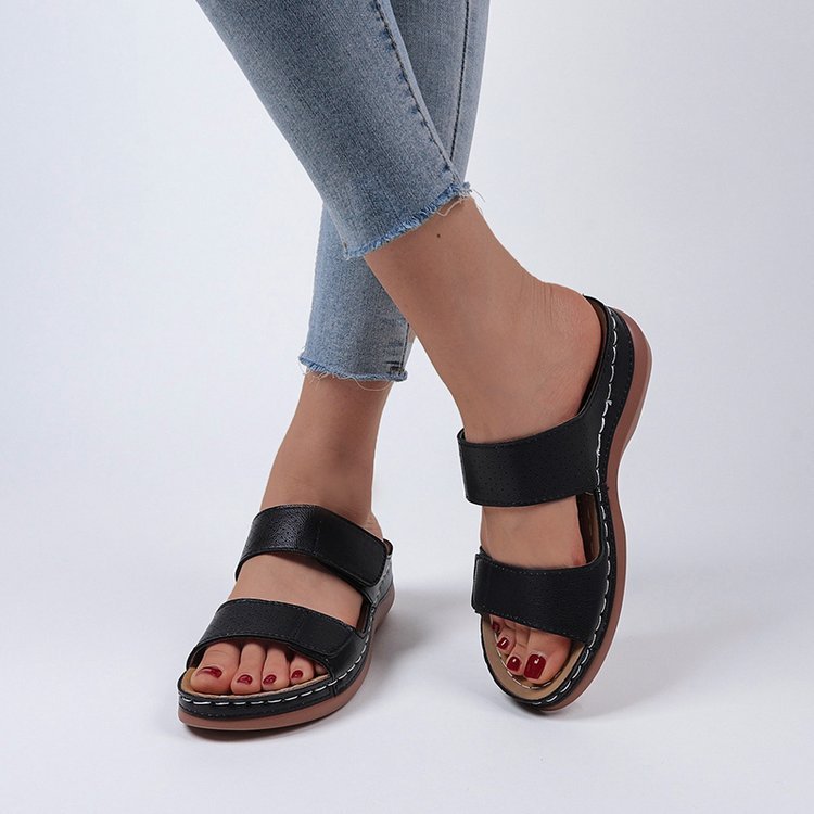 Women's Velcro solid color leather hollow breathable orthopedic wedge sandals