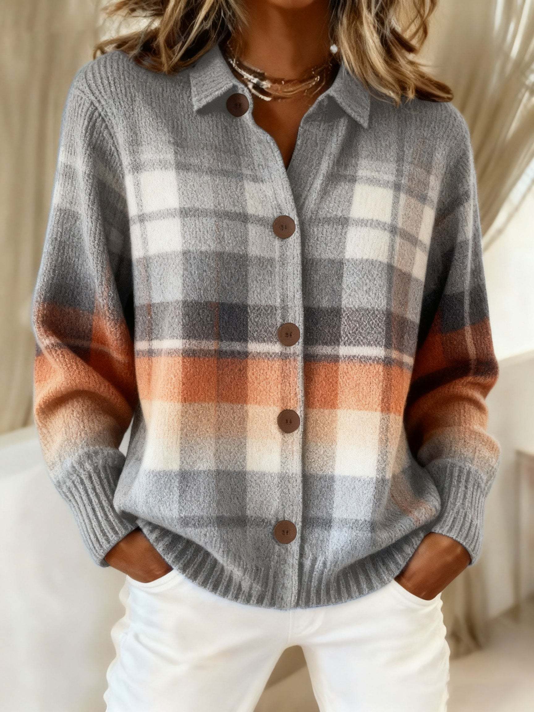 Women's  Vintage Plaid Art Print Casual Sweater