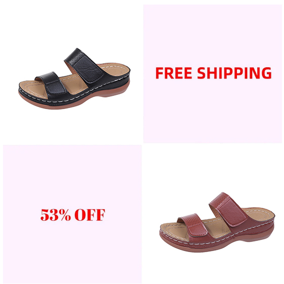 Women's Velcro solid color leather hollow breathable orthopedic wedge sandals