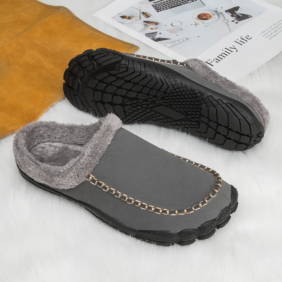Men's Comfort Winter Warm Fleece Lined Casual Slippers Waterproof Indoor Outdoor Non-slip House Shoes