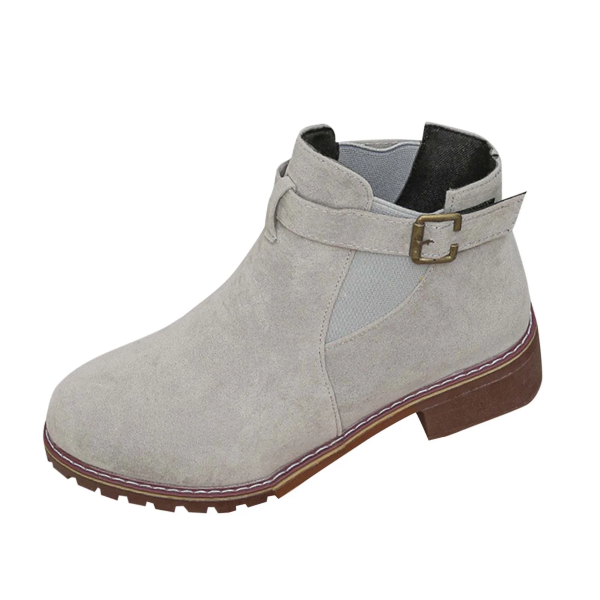 Women's Chunky Heel Ankle Boots - Fashion Casual Square Heel with Metal Belt Buckle, Comfortable Low Heel Slip-On Booties for Fall Winter