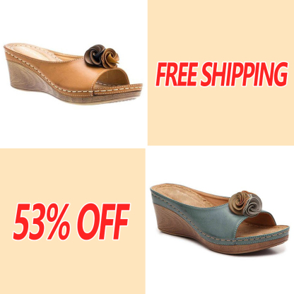 😍Last Day 50% OFF😍-Womens Comfy Leather Solid Flower Strap Wedge Sandals