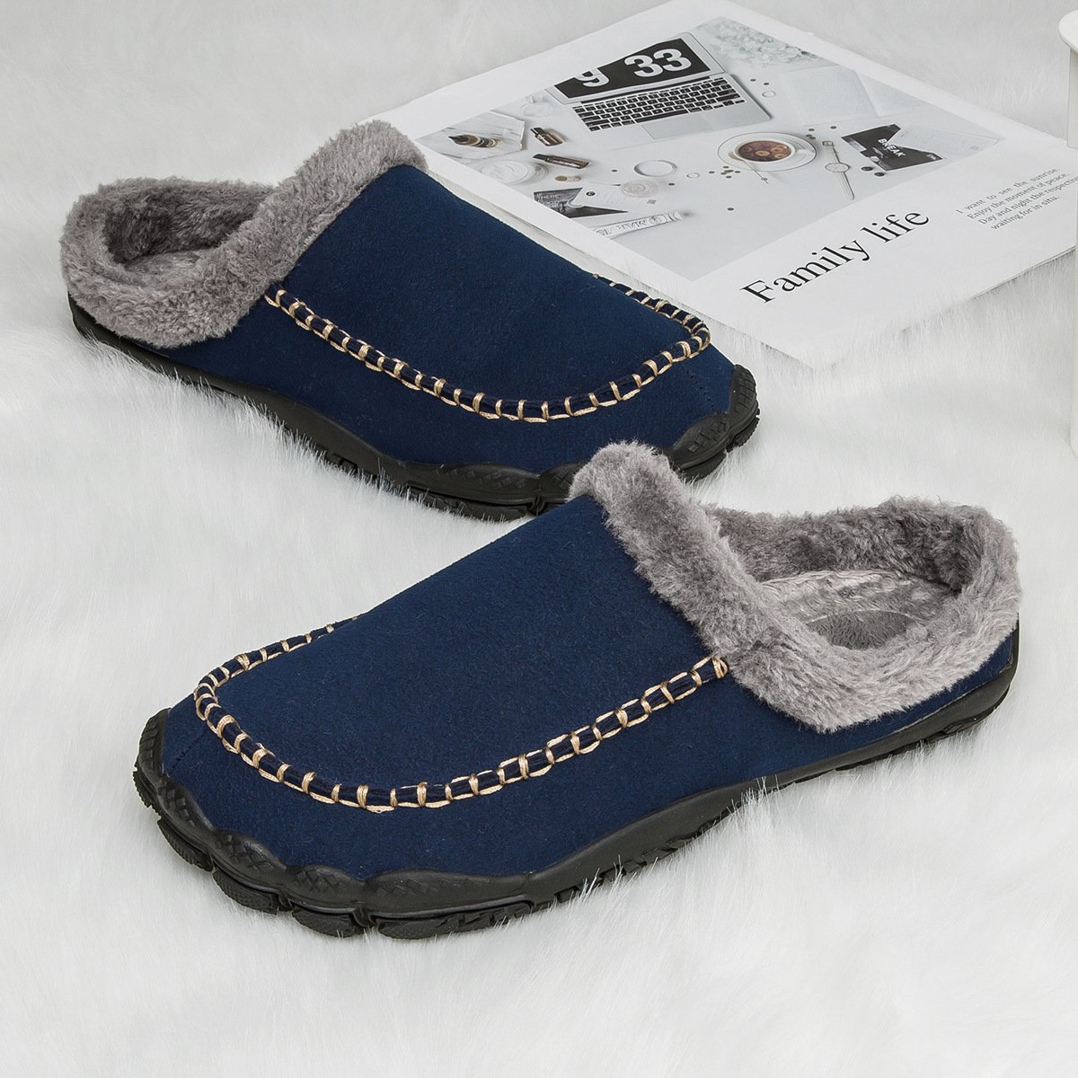 Men's Comfort Winter Warm Fleece Lined Casual Slippers Waterproof Indoor Outdoor Non-slip House Shoes