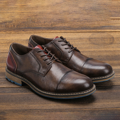 MEN'S ROUND-TOE LACE-UP LEATHER SHOES.