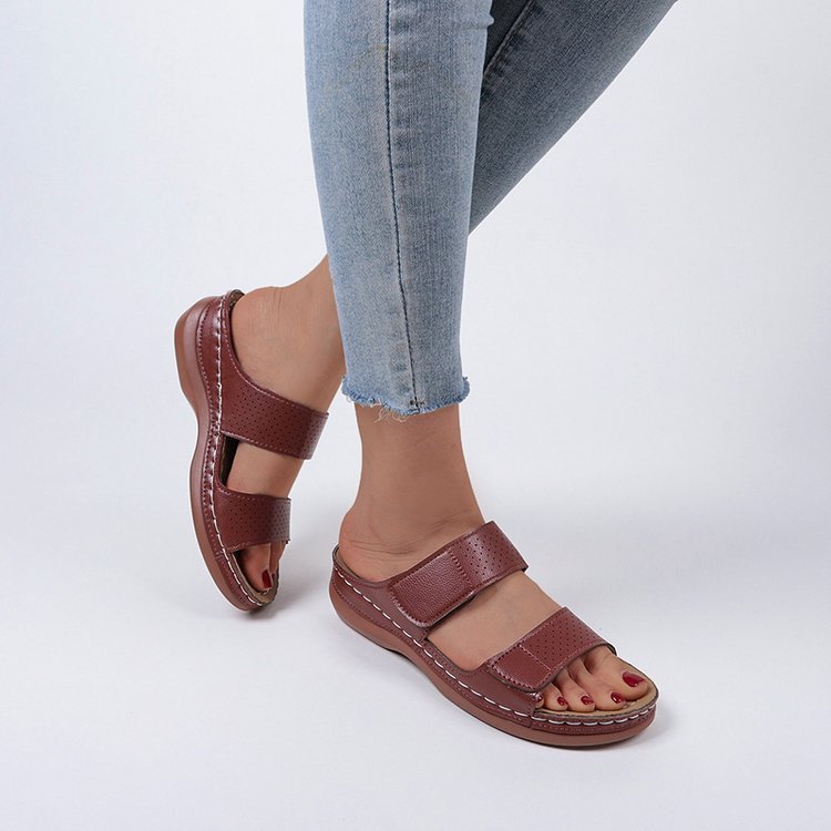 Women's Velcro solid color leather hollow breathable orthopedic wedge sandals
