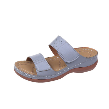 Women's Velcro solid color leather hollow breathable orthopedic wedge sandals