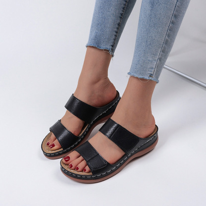 Women's Velcro solid color leather hollow breathable orthopedic wedge sandals