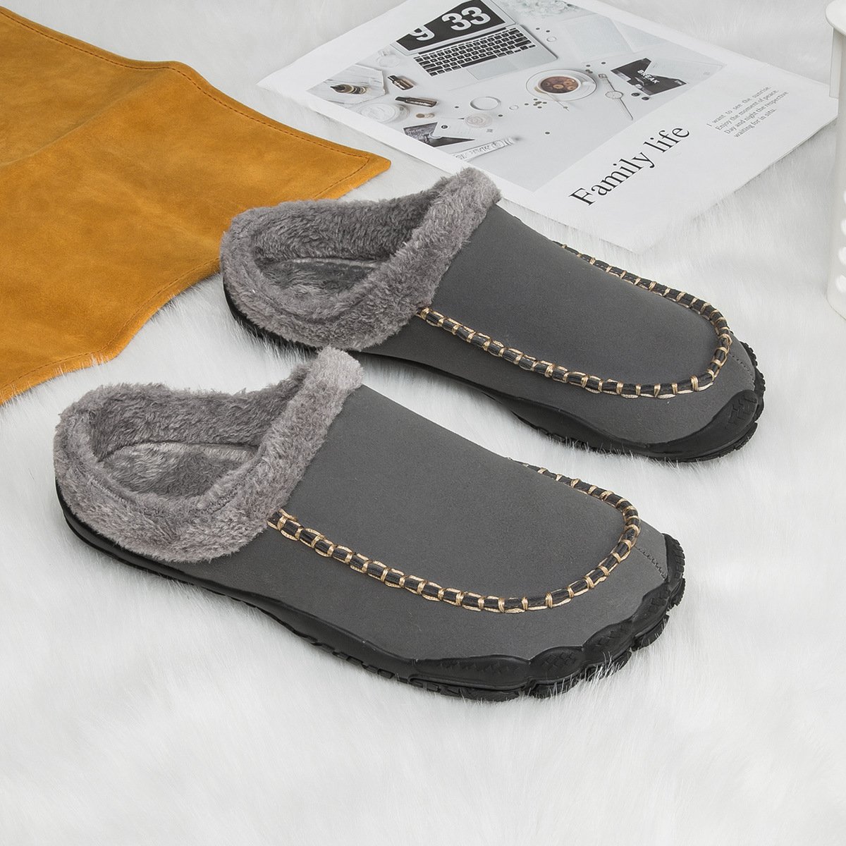 Men's Comfort Winter Warm Fleece Lined Casual Slippers Waterproof Indoor Outdoor Non-slip House Shoes