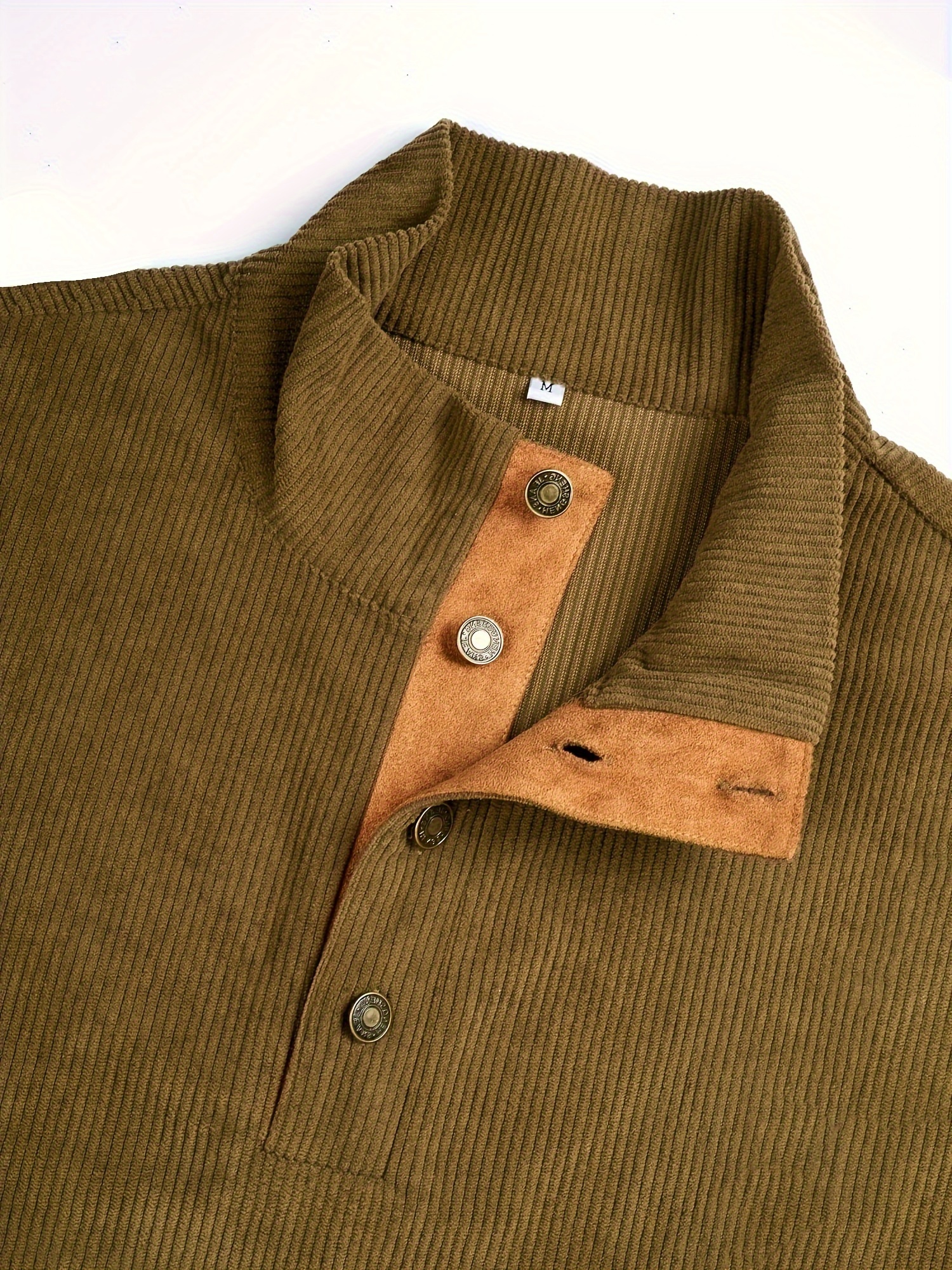 Corduroy Men's Casual Retro Stand Collar Thick Long Sleeve Henry Shirt,