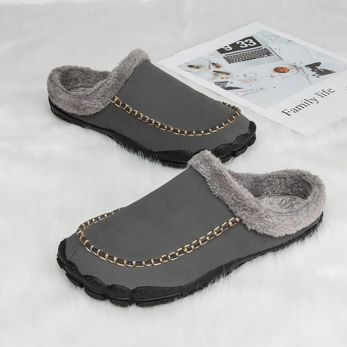 Men's Comfort Winter Warm Fleece Lined Casual Slippers Waterproof Indoor Outdoor Non-slip House Shoes